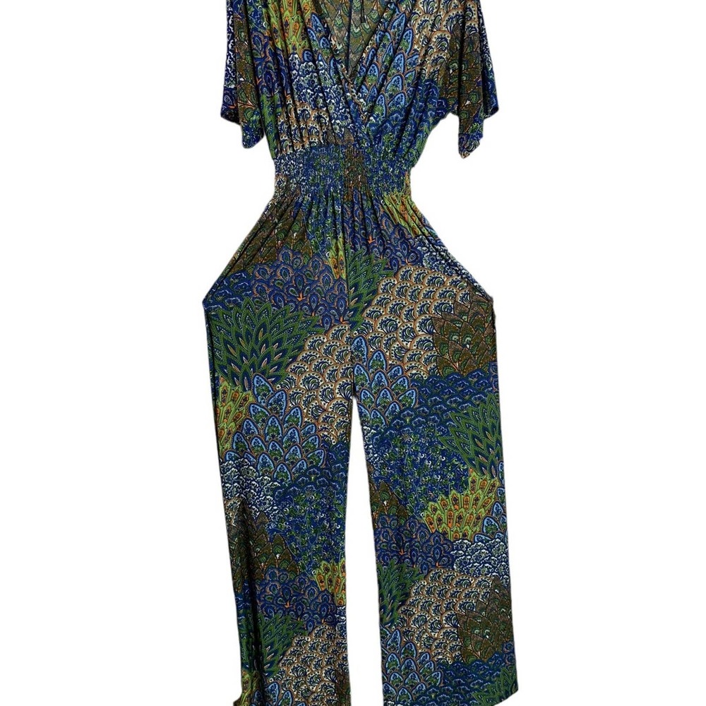 5th & love Wide Leg Jumpsuit Boho Paisley Stretch Plunging neckline Women M, NEW